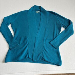Eileen Fisher Cardigan Sweater Womens LP Blue Organic Cotton Open Classic Staple